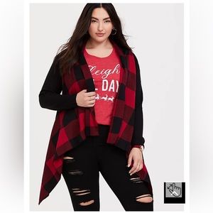 TORRID | Buffalo Plaid Red Drape Front Cardigan | Sz 3